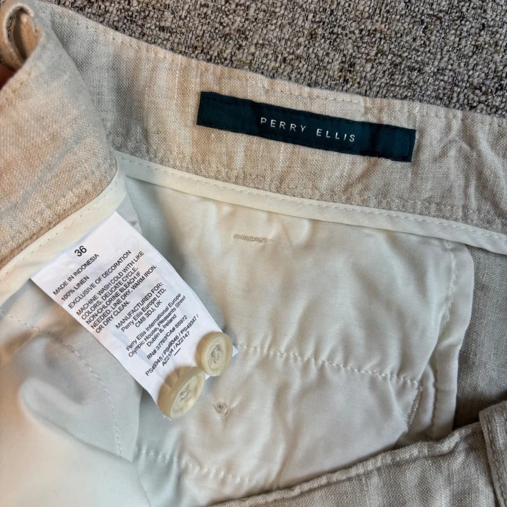 Perry Ellis Pants Mens 36 Beige Linen Drawstring Straight Leg Casual Trousers